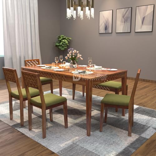 Image of DRIFTINGWOOD Maharaja Sheesham Wood Dining Table 6 Seater | Wooden Six Seater Dinning Table with Green Cushion Chairs & Bench | Dinner Table 6 Seater | Dining Room Sets | Self Assembly, Natural