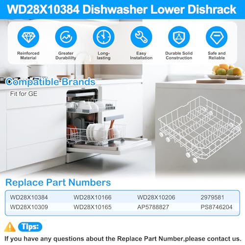 Image of UPGRADED WD28X10384 Lower Rack for GE Dishwasher Rack Replacement Parts,WD28X10384 WD28X10309 WD28X10166 WD28X10165 GLD5660N00SS GLD4560R00SS General Electric GE Dishwasher Bottom Rack Part with Wheel