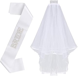 2pcs Bridal Sash and Veil Set, Pearl Satin Bride Sash Cascading White Veil with Hairclip Bridal Shower Decorations Bachelorette Hen Party Accessories Decor for Wedding Engagement