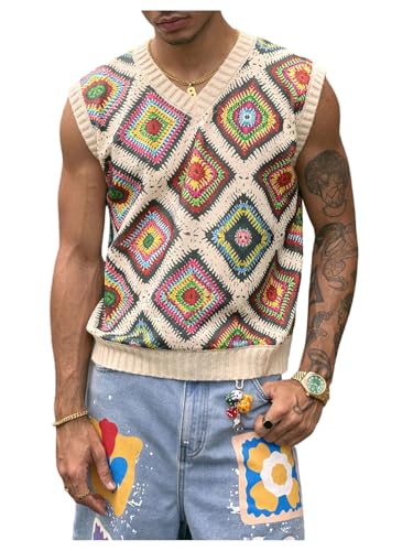 Verdusa Men's Hip Hop Patchwork Sweater Vest Boho Summer Sleeveless Knit Tops
