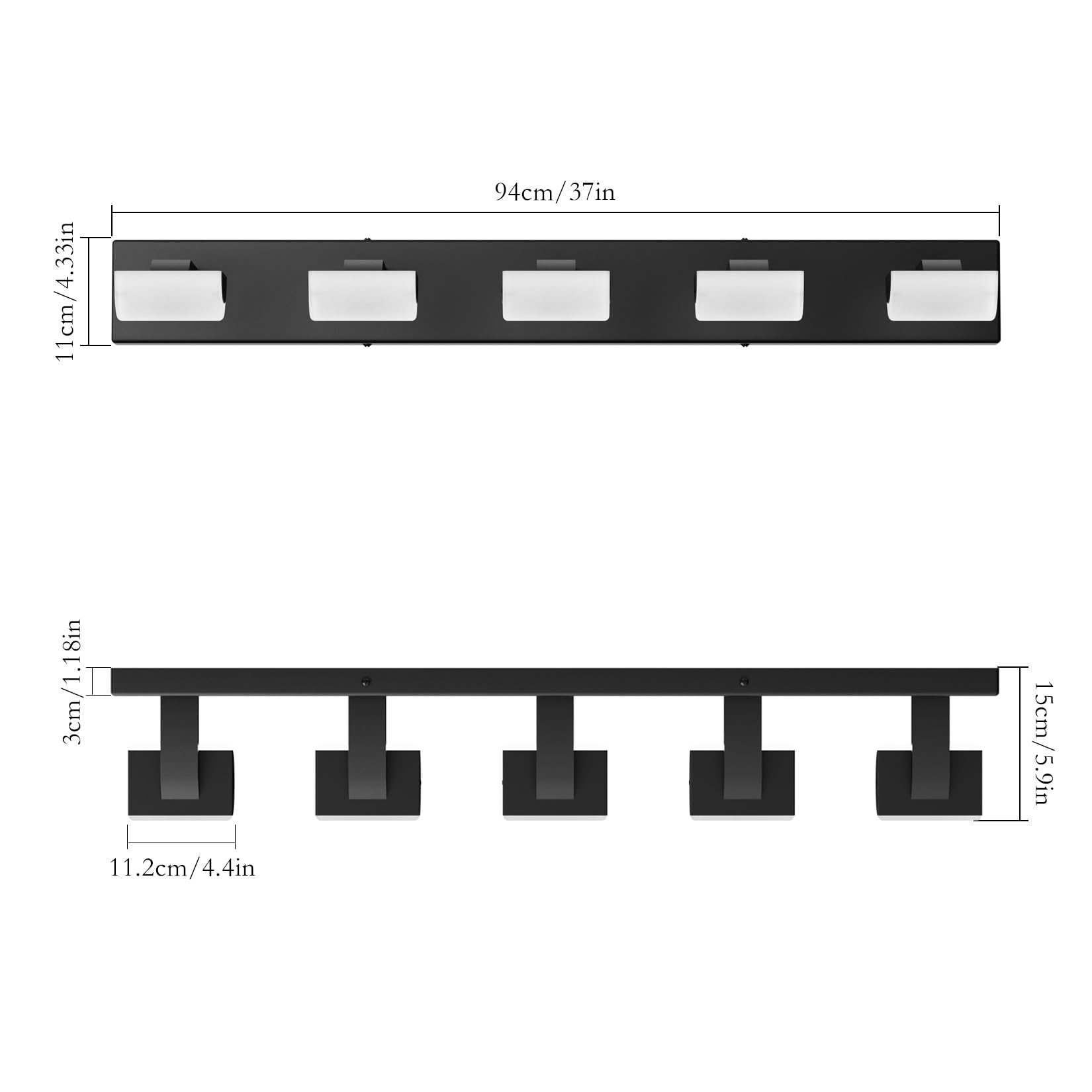 Ralbay Dimmable Matte Black Vanity Light Modern 5 Lights Acrylic Stainless Steel Vanity Wall Light Over Mirror Long LED Modern Bathroom Vanity Lighting Fixtures