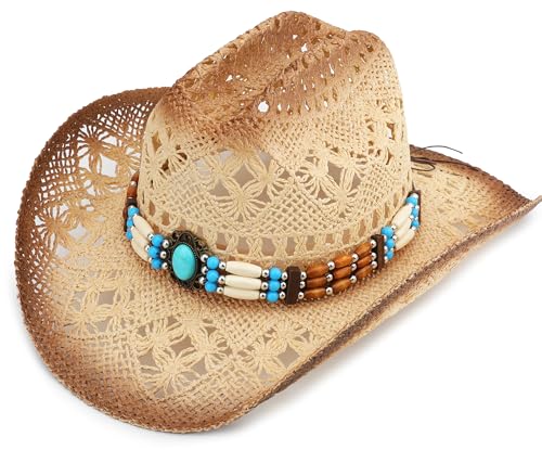 Image of Straw Cowboy Hat, Western Cowgirl Hat, Wide Brim Sun Beach Hat for Men and Women