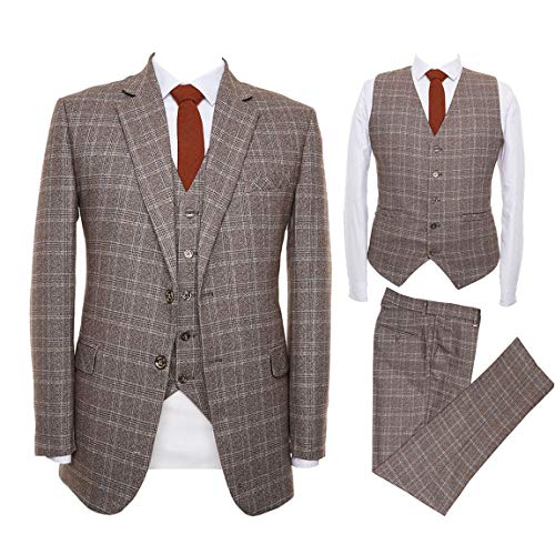 Men's Brown Tweed Wool Grid Plaid Check Tuxedos Groom Slim Fit 3 Pieces Suit Jacket Vest Pant