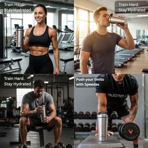 Image of Speedex YouFit Stainless Steel Gym Shaker Bottle 750ml with Mixing Ball | Leakproof Protein Shaker for Gym, Wide Mouth, Measurement Markings, Carry Loop Flip Cap | Metal Shaker for Men & Women, Silver