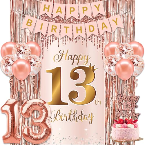 Zirtorei 13th Birthday Decorations Kit for Girls, 18pcs Pink Rose Gold Happy 13th Birthday Banner Cake Topper Tassel Curtain Backdrop, 13 Year Old Bday Door Cover 13 Foil Balloon Party Supplies