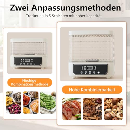 Dörrgerät, Multifunktionaler Obsttrockner mit 5 Fächern, 72-Stunden-Timer Obsttrockner mit LED-Anzeige, Lebensmitteltrockner für Fleisch, Fisch, Gemüse