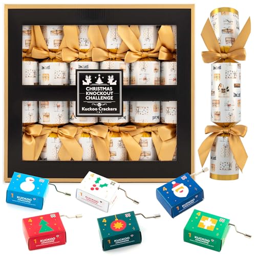 Kuckoo Crackers - Knockout Game Christmas Crackers Hilarious Family Party Game | Festive Challenge with Music Box & Questions | Fun Christmas Table Game for Kids Teens & Adults | Pack of 6
