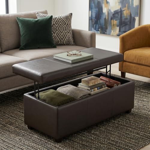 Image of SIMPLIHOME Avalon 44 inch Wide Vegan Leather Storage Ottoman in Tanners Brown
