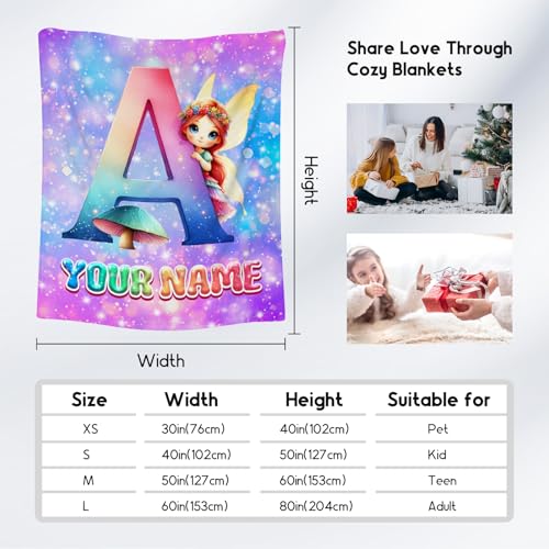 Blanket for Girls - Custom Kids Blankets with Name - Fairy Gifts for Toddlers Kids - Flannel Fuzzy Initial Throw for Sofa & Office