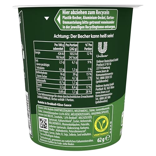 Knorr Pasta Snack Pot Brokkoli & Käse leckere Instant Nudeln fertig in nur 5 Minuten 8x 62 g