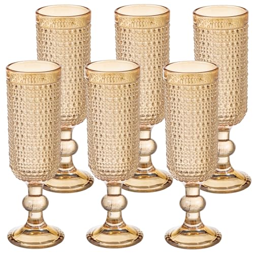 XKXKKE Juego de 6 copas de champán de cristal de 5 onzas, copas de vino espumoso vintage con cuentas en relieve para champán, cava, prosecco, fiesta, boda, bar, elegante, juego de 6 copas de color