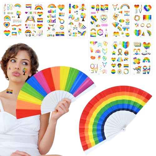 Pride Fächer,Regenbogen Fächer,Pride Handfächer Faltbare,mit Pride Tattoos,für LGBT Pride Party, Pride Month Parade,CSD Pride Accessoires Frauen Männer（C）