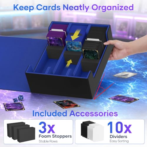 Image of Mlikero Trading Card Storage Box, Bulk Card Storage for 1800+ Sleeved Cards, PU Leather Magnetic Closure Card Organizer with 10 Dividers & 3 Foam Stoppers, Fit for MTG, TCG and Sports Cards (Blue)
