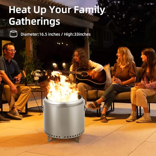 PioneerWorks Outdoor Mini Fire Pit - Stainless Steel, Ideal for Backyard, Camping, Picnics, Includes Firehook, 16.5in Diameter.