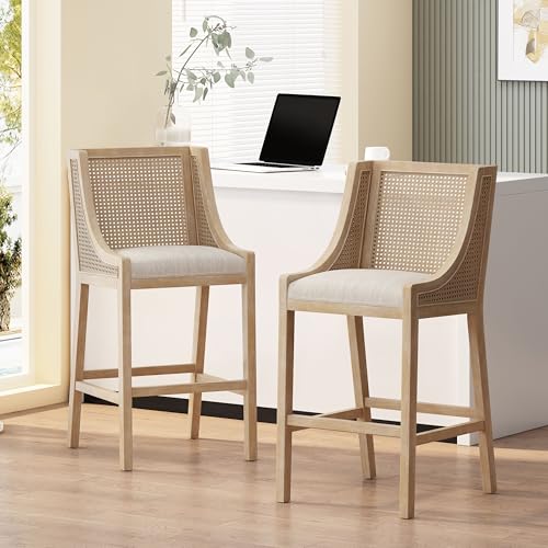 Butacos GDFStudio, Set de 2, Estilo Rústico Country, con Tapizado y Espaldar de Caña, Brazos y Patas de Madera, para Isla de Cocina, Altura 30 pulgadas, Color Beige + Natural miniatura 6