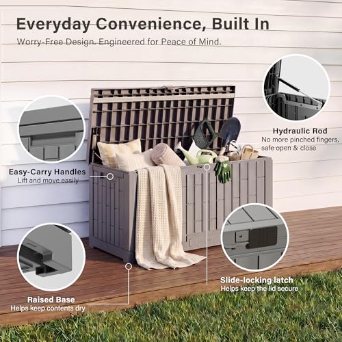 Image of EAST OAK Outdoor Storage Box, 80 Gallon Deck Box, Waterproof Resin Storage Bin for Patio Cushions, Gardening Tools, Lockable, UV Resistant, Grey