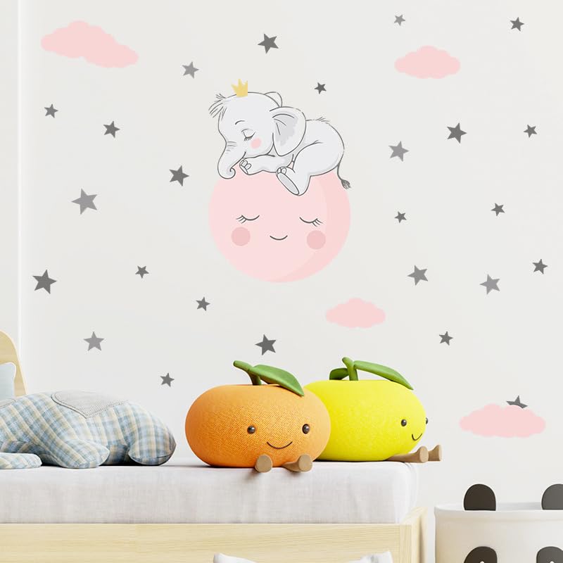 Image of Cute Elephant Sleeping on The Moon with Stars Wall Stickers Nursery Decor Wall Decals for Kids Boys Girls Bedroom Daycare Classroom Playroom and Kids Room-Self-Adhesive
