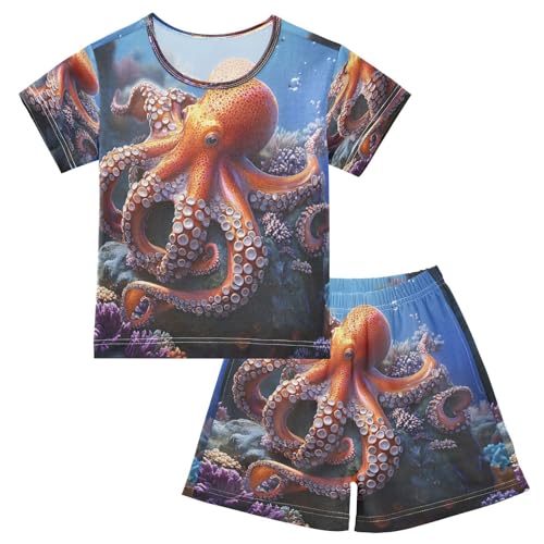 ALAZA 3d Octopus Ocean Sea Pajamas Set Short Sleeve Cotton Sleepwear Summer Pjs 2 Piece 5-14Y