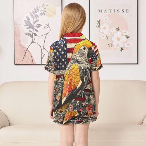 ALAZA Parrot American Flag Flower Satin Pajamas Set Short Sleeve Button Down Sleepwear Summer Pjs 2 Piece4