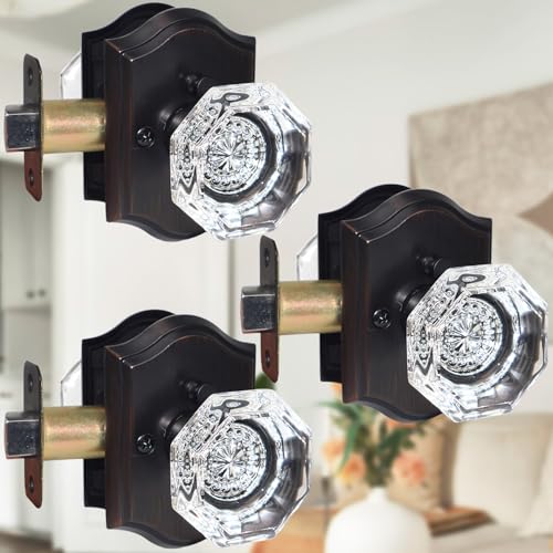 Yhomaxtus 3 Pack Crystal Door Knobs, Octagonal Glass Door Knobs, Oil Rubbed Bronze Crystal Doorknobs Interior for Bathroom Bedroom, Glass Antique Door Knob Set
