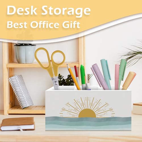 Foyoulame Boho Coastal Beach Pen Pencil Holder, Boho Desk Accessories, Abstract Seaside Sun Sunrise Wooden Pen Pencil Organizer for Home Bedroom Bathroom Desk Decor