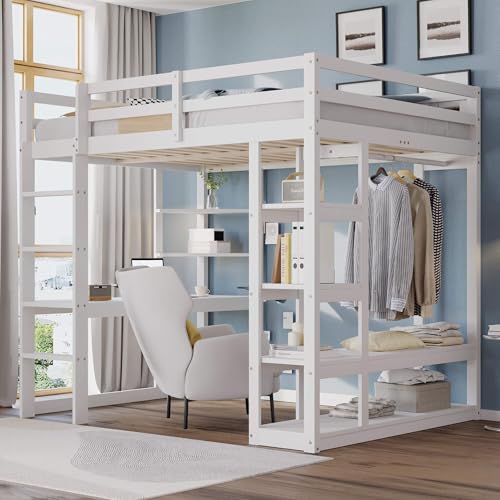 MQGPM Cama alta de 140 x 200 cm con escritorio y perchas, cama de madera con estantes y espacio de almacenamiento, marco de cama con somier y protección anticaídas, cama para niños y adolescentes