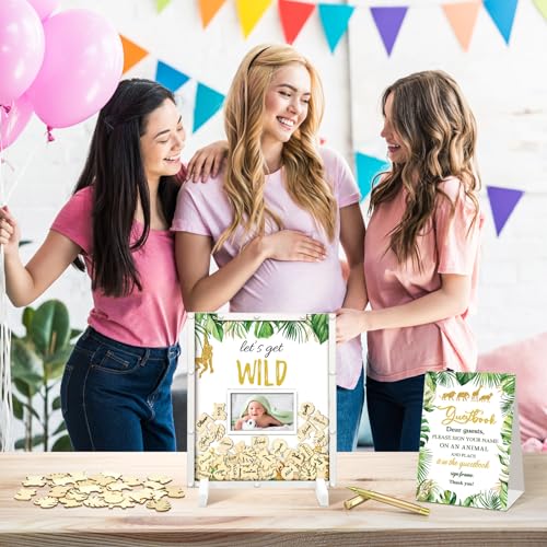 Image of Beeveer 65 Pcs Jungle Baby Shower Guest Book Alternatives Baby Shower Sign in Guest Book Decoration with 1 Photo Frame 60 Heart Wood Slices for 60 Guests Animal Sonogram Frame Keepsake for BabyShower