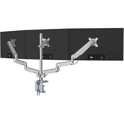 Mount-It! Triple Monitor Mount with Gas Spring Arms, Fits 24–32 Inch Screens, USB & Audio Ports, Full Motion Desk Stand with Tilt, Swivel & Rotation, Heavy Duty Silver 3 Screen Arm with Clamp