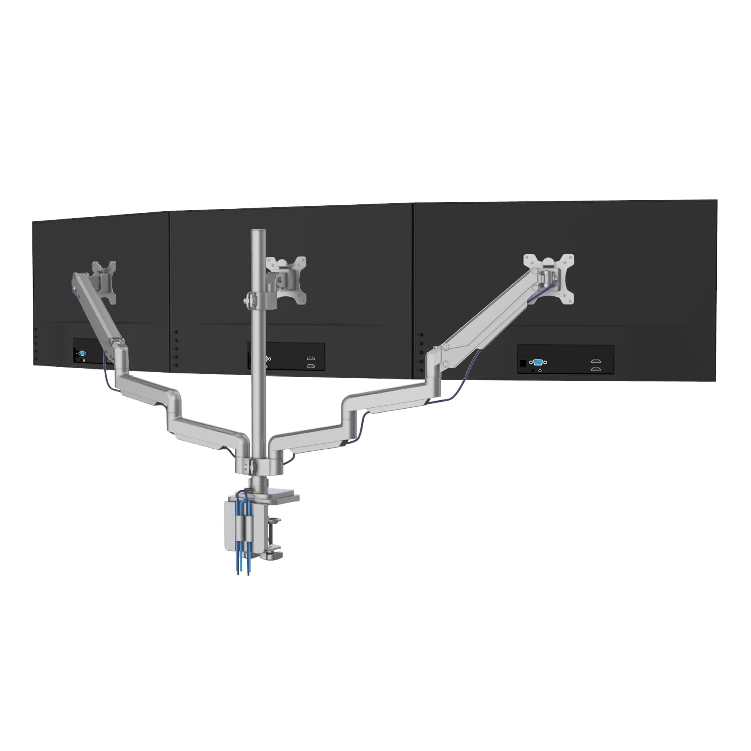 Mount-It! Triple Monitor Mount with Gas Spring Arms, Fits 24–32 Inch Screens, USB &amp; Audio Ports, Full Motion Desk Stand with Tilt, Swivel &amp; Rotation, Heavy Duty Silver 3 Screen Arm with Clamp