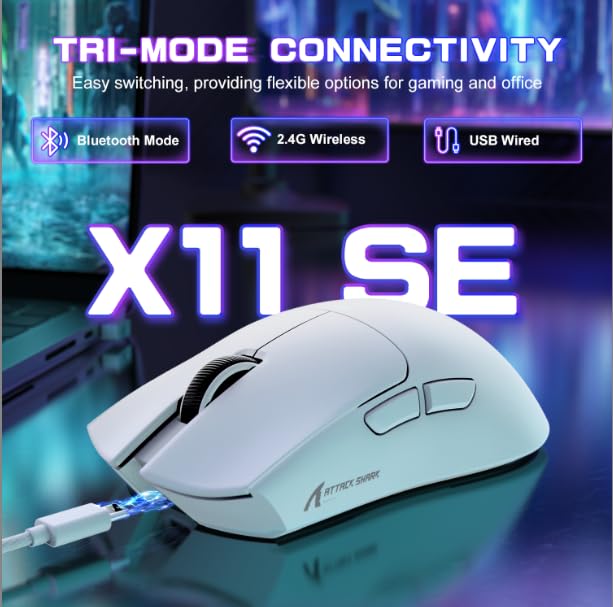 ATTACK SHARK X11SE Ultra-Light Wireless Gaming Mouse, Tri-Mode-2.4G/USB-C Wired/BT, PixArt PAW3311 Gaming Sensor, 22KDPI, 5 Programmable Buttons for Laptop, PC, Mac Gamer (White)
