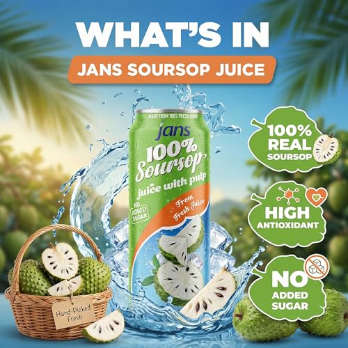 Image of JANS 100% Soursop Juice with Pulp (16.9 oz, Pack of 12) NO Sugar Added, Pure Guanabana Graviola Fresh from Juice, Not From Concentrate