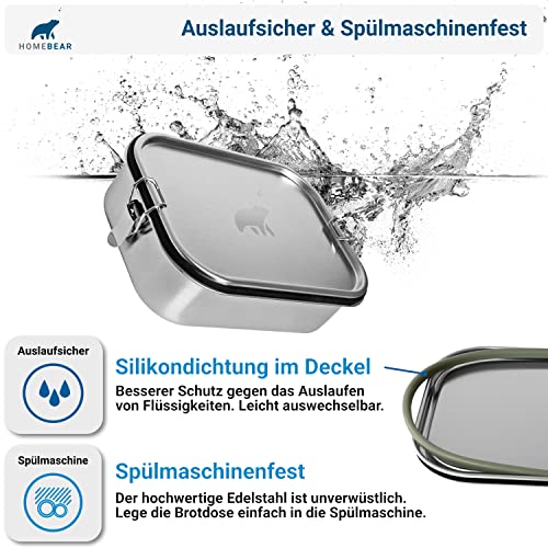 HOMEBEAR® Edelstahl Brotdose | Lunchbox 1200 ml | Set mit Box für Dips | Verschiebbare Trennwand | Auslaufsicher und Plastikfrei | Brotbox Jausenbox