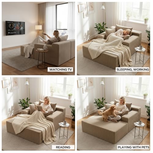 Image of Sytopia Chaise Lounge with Armrests, Oversized Sofa Bed with 3 Pillows, Cozy Couch, Sleeper Reading Chair for Living Room Bedroom, Floor Sofa Corduroy, Furniture Sala, Cashmere Beige