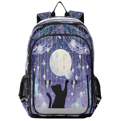 Kids Backpacks School Daypack College Bag Bookbag for Boys Girls Cat Moon Window Pattern