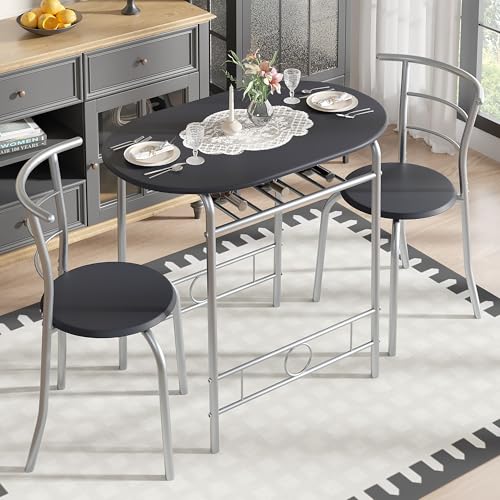 Image of VECELO 3-Piece Dining Table Set for Kitchen Breakfast Nook, Wood Grain Oval Tabletop and Metal Frame with Built-in Wine Rack, for Small Spaces, Black & Silver