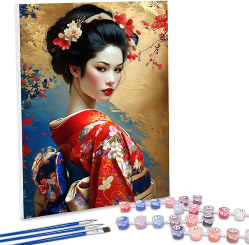 Paint by Numbers for Adults, DIY Canvas Oil Painting Kit for Kids or Beginner, Geisha Paint-by-Number Kits on Canvas, Acrylic Pigment Drawing Paintwork for Gifts Home Wall Decoration 20x28in J-911