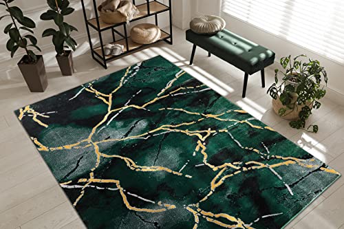 Rugsx Tapis Exclusif Emerald - Tapis Glamour, Élégant pour Salon, Chambre, Bureau, Dressing - Marbre Vert Bouteille/Or 80x150 cm