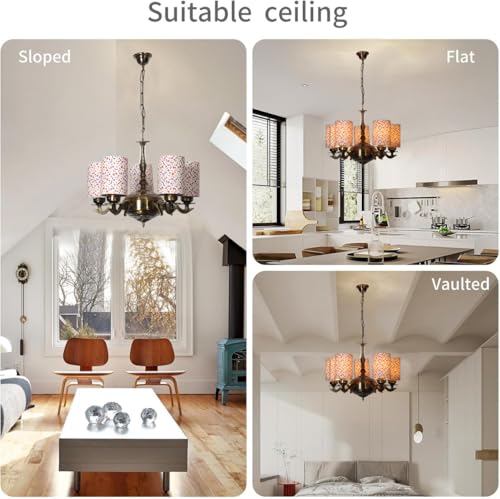 Image of Devansh 05 Lights Printed Round Cotton Shade with Antique Golden Chandelier -F