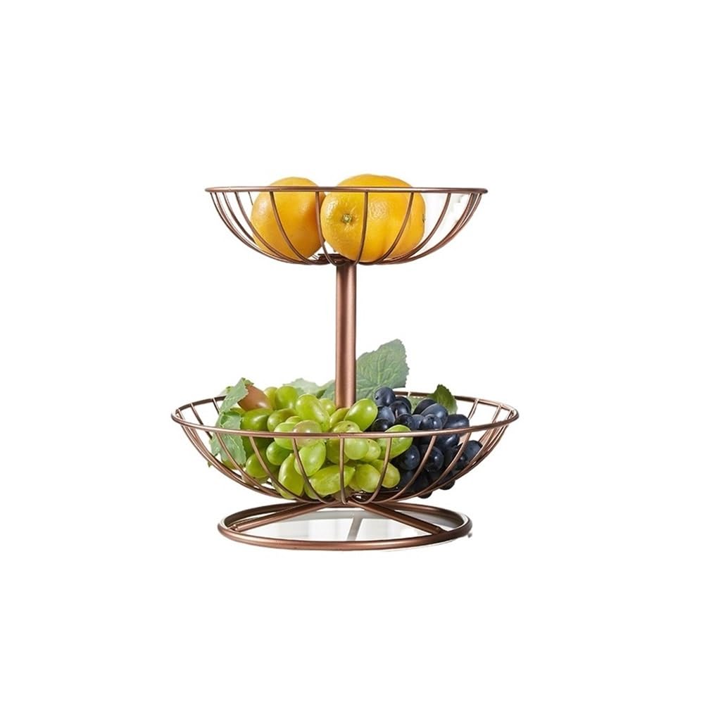 HLHLOP777 Fruit Bowl Countertop Metal Fruit Basket Rack,Fruits and Vegetable Stand, Two-Layer Large Fruit Basket(Bronze)