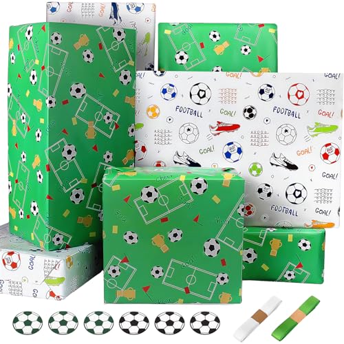 Papier Cadeau Football Papier Cadeaux Garçon Fille Homme Papier Cadeau Anniversaire Mélangé Sport Soccer Blanc Vert Papier Cadeau Enfant,Papier Emballage...