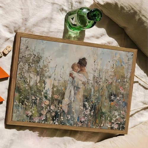 Image of Mother Holding Child Wall Art Vintage Motherhood with Baby Wall Decor Painting Cottage Country Nursery Sign Poster Canvas Print for Kids Bedroom Living Room 16x12 inch Wood Framed