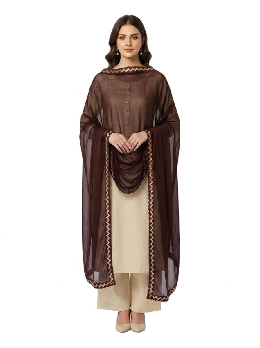 Chiffon Dupatta with Zigzag Gold Border, 210 x 90 cm, Approx 95 Gram-image-15