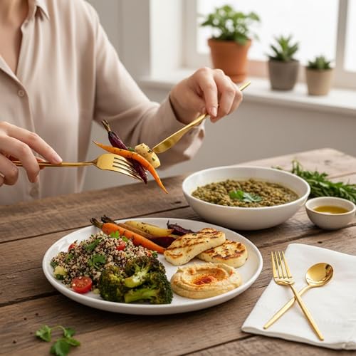 Image of 20 Pcs Gold Cutlery Set for Dining Table the Perfect Lightweight Silim Handle Tableware Including Dinner Spoon, Dinner Fork, Dinner Knife, Dessert Spoon & Dessert Fork