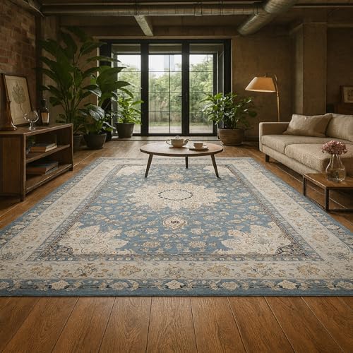 Tapis bleu floral traditionnel 60x120cm aux finitions soignées