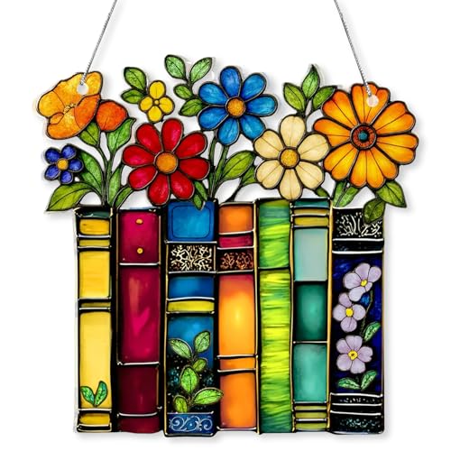 Garden Wall Decorations 2D Book Ornament, Floral Book Shelf Decor with Stained Glass Effect, Suncatchers for Windows, Bookish Gifts for Books Decor, Librarians, Teachers, Books Lovers Gifts