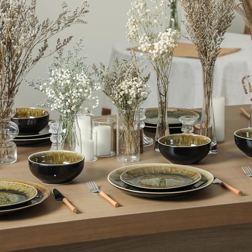Image of Stone Lain Riley 24-Piece Dinnerware Set Stoneware, Plates and Bowls Set, Dishwasher and Microwave Safe, Dish Set for 8, Black and Green