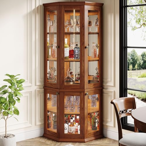 Tribesigns 70.87-Inch Corner Bar Cabinet, Tall Modern Corner Wine Cabinet with Doors & LED Lights, 5-Tier Home Bar Liquor Cabinet for Dining Room, Living Room, Kitchen, Rusitc Brown