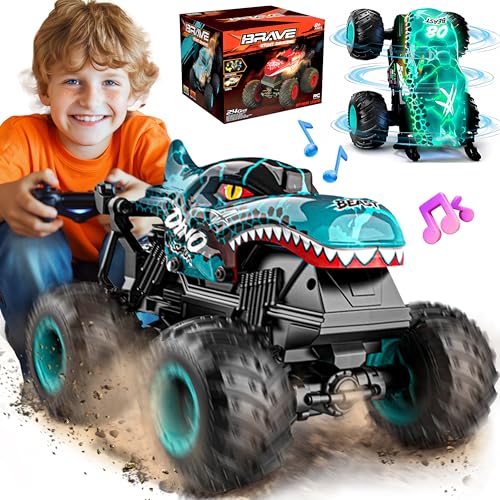 Image of BEZGAR Monster Truck Toys - Remote Control Monster Truck with Light & Music, Dinosaur Toys for Kids, 1:20 Scale RC Truck with 360 Spins and Drifting, Remote Control Car for Boys 4-7 Blue