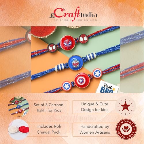 Image of eCraftIndia Kids Rakhi Set of 3 | Cartoon Rakhi for Kids Brother Bhaiya Bhai with Best Bro Ever Fridge Magnet | Roli Chawal Pack