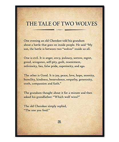 The Tale Of Two Wolves Poster Large 16" X24"; Cherokee Native American Wall Art; Vintage Print; Power Of Mindset; Positive Inspirational; Motivational Quote For Home Office Wall Decor (Unframed) #TOP1